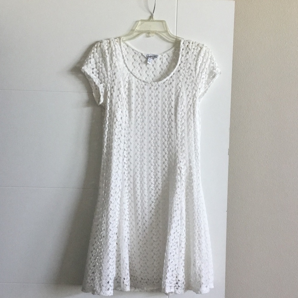 White Crochet Short Sleeve Dress - Women